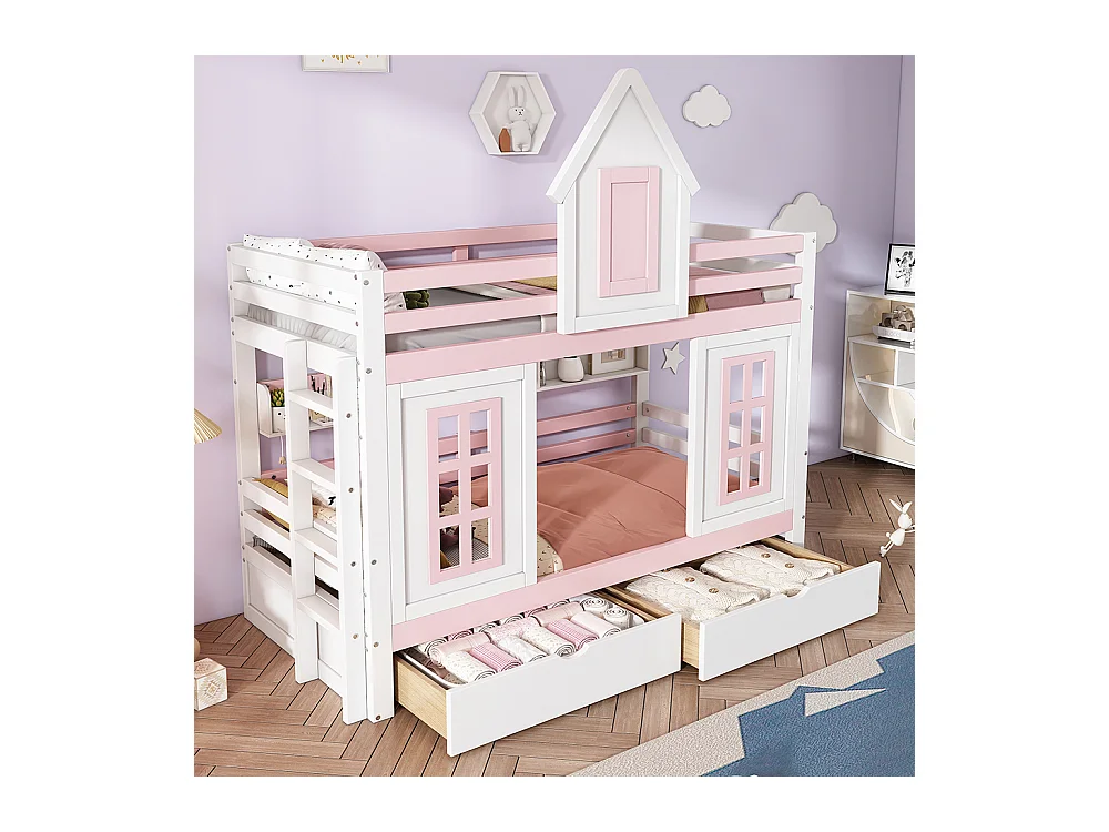 Lit superposé 90x200 cm Lit de princesse lit d'enfant avec toit et fenêtre garde-corps stable Deux tiroirs avec roulettes Blanc+Rose