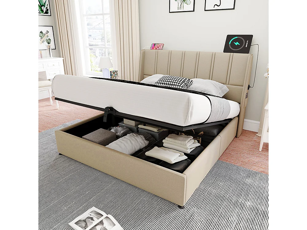 Lit coffre Lit adulte Lit 140x200 cm Poches de Chargement Latérales Hydraulique Lit Simple Lin Beige