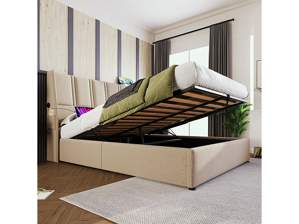 Lit coffre Lit adulte Lit 140x200 cm Poches de Chargement Latérales Hydraulique Lit Simple Lin Beige