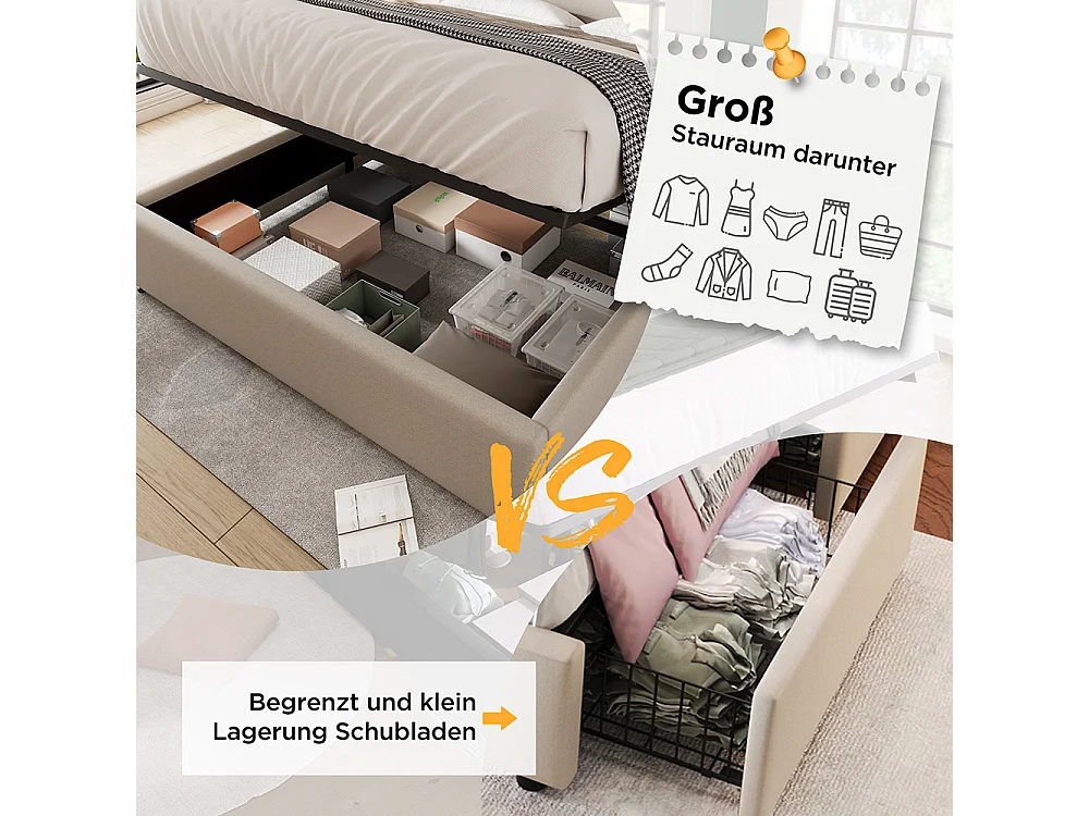 Lit coffre Lit adulte Lit 140x200 cm Poches de Chargement Latérales Hydraulique Lit Simple Lin Beige