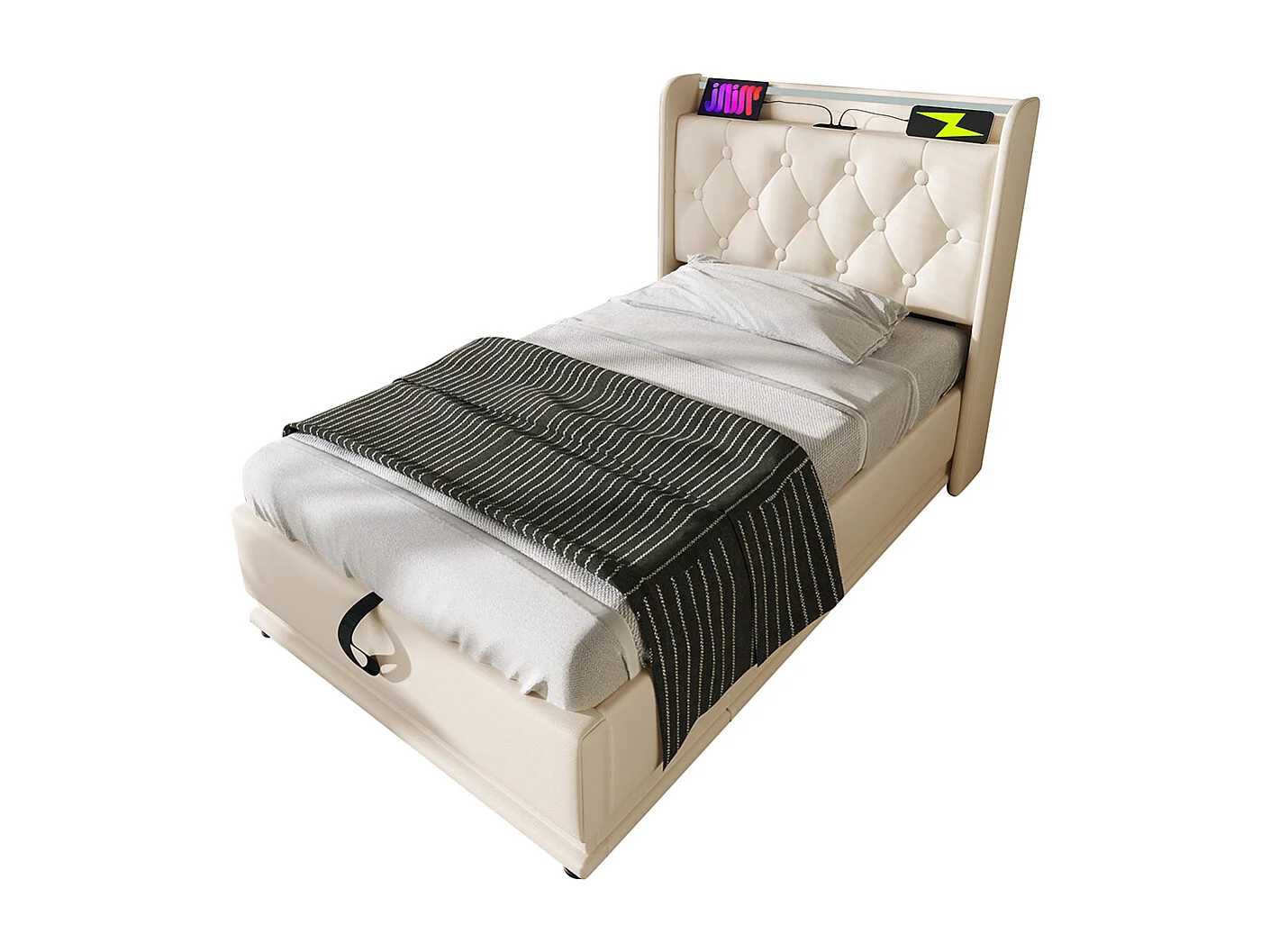 Lit coffre Lit adulte 90x200 cm Lit hydraulique tête de lit rembourrée avec fonction de chargement USB Type-C bouton poussoir/application/télécommande PU Beige