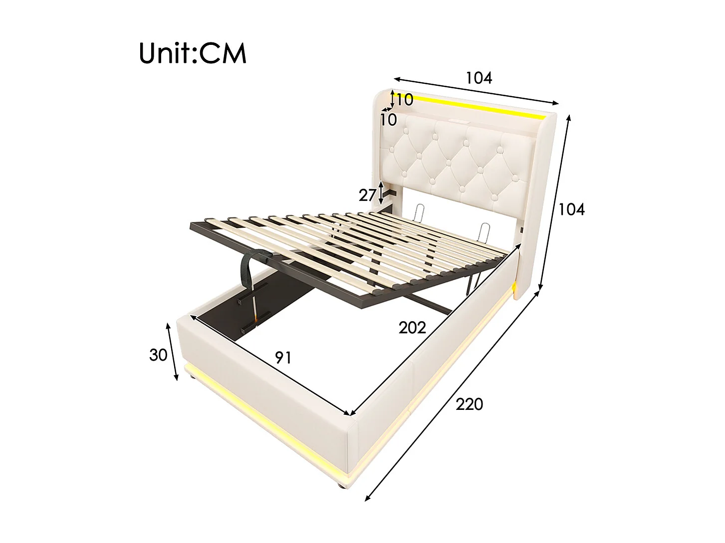 Lit coffre Lit adulte 90x200 cm Lit hydraulique tête de lit rembourrée avec fonction de chargement USB Type-C bouton poussoir/application/télécommande PU Beige