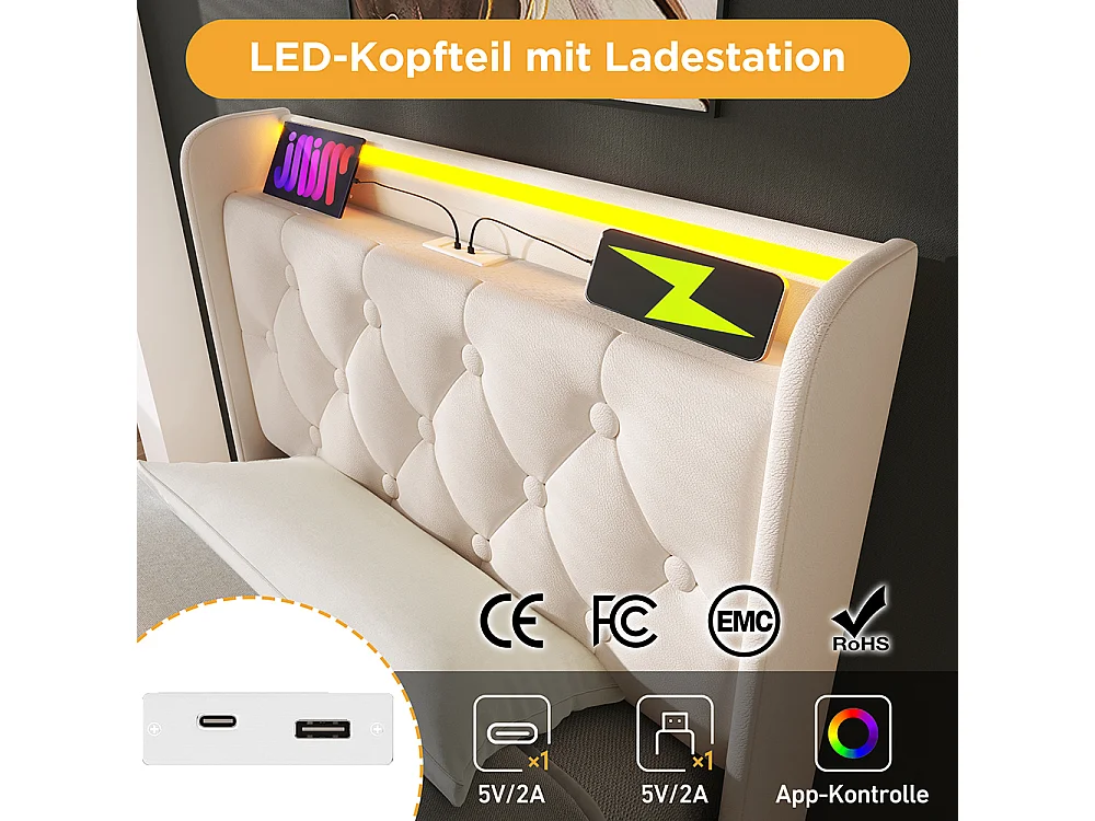 Lit coffre Lit adulte 90x200 cm Lit hydraulique tête de lit rembourrée avec fonction de chargement USB Type-C bouton poussoir/application/télécommande PU Beige