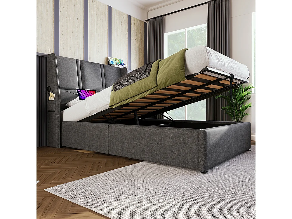 Lit coffre Lit adulte Lit 90x200 cm Poches de Chargement Latérales Hydraulique Lit Simple Lin Gris