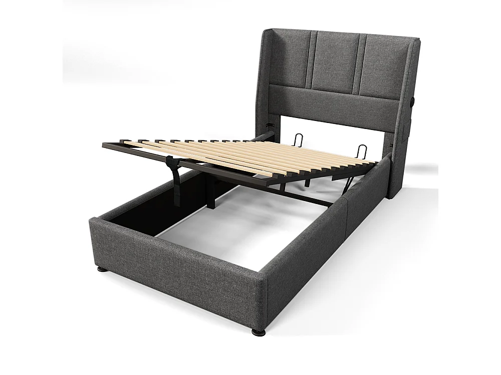 Lit coffre Lit adulte Lit 90x200 cm Poches de Chargement Latérales Hydraulique Lit Simple Lin Gris