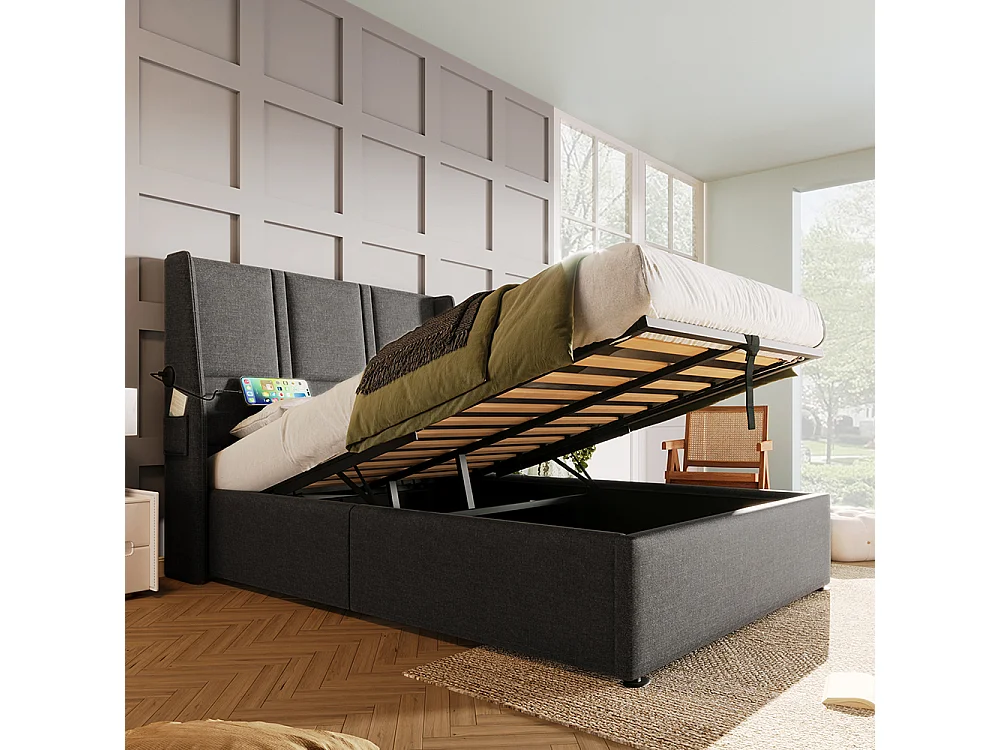 Lit coffre Lit adulte Lit 90x200 cm Poches de Chargement Latérales Hydraulique Lit Simple Lin Gris