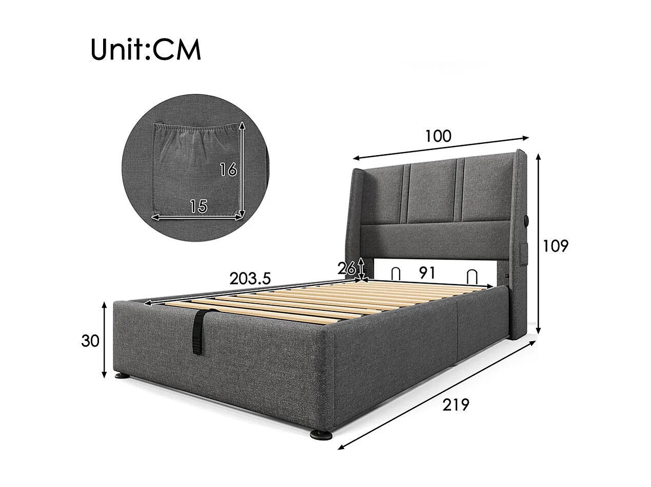 Lit coffre Lit adulte Lit 90x200 cm Poches de Chargement Latérales Hydraulique Lit Simple Lin Gris