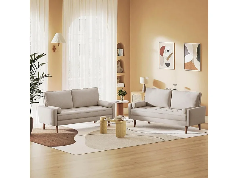 Canapé 3 places en tissu Lin beige - Scandinave - avec 2 Oreillers et Accoudoirs - Pieds bois massif - 173x77x84cm