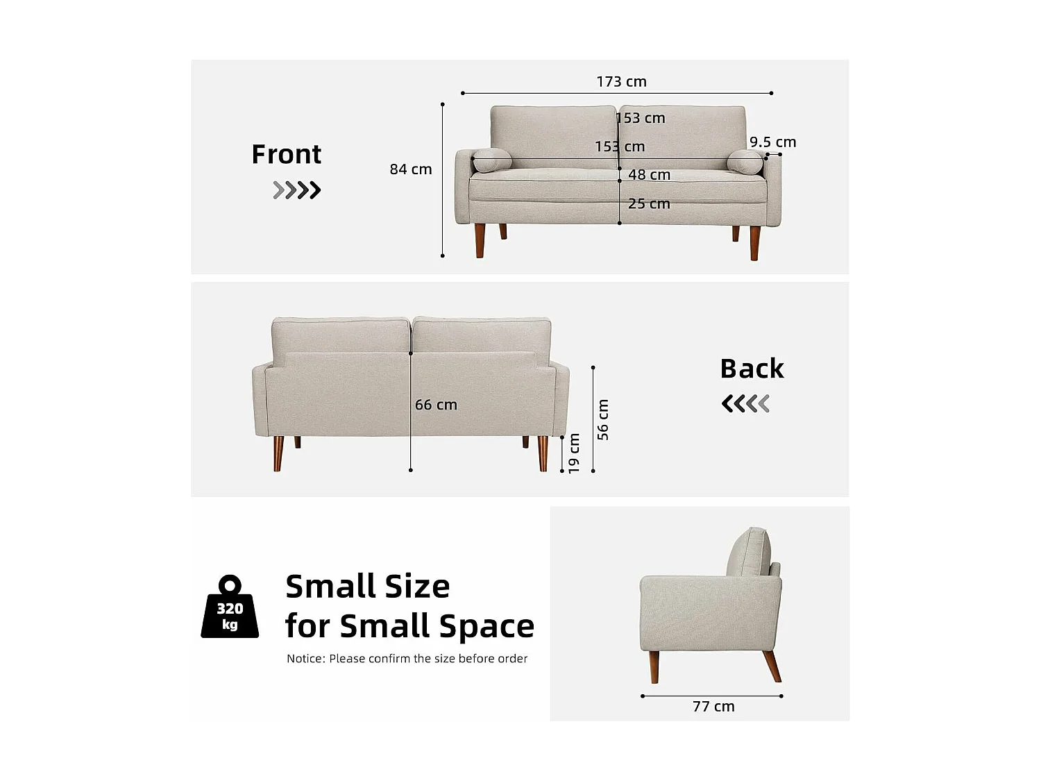 3-zitsbank in moderne linnenstof met armleuningen, massief houten poten - 173x77x84cm - Beige