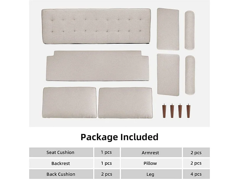 3-zitsbank in moderne linnenstof met armleuningen, massief houten poten - 173x77x84cm - Beige