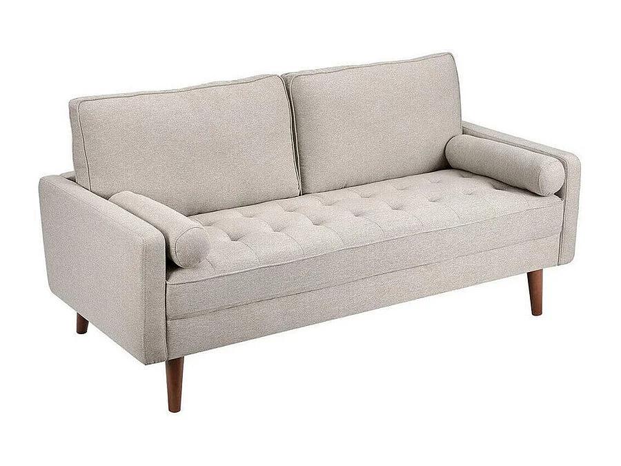 Canapé 3 places en tissu Lin beige - Scandinave - avec 2 Oreillers et Accoudoirs - Pieds bois massif - 173x77x84cm