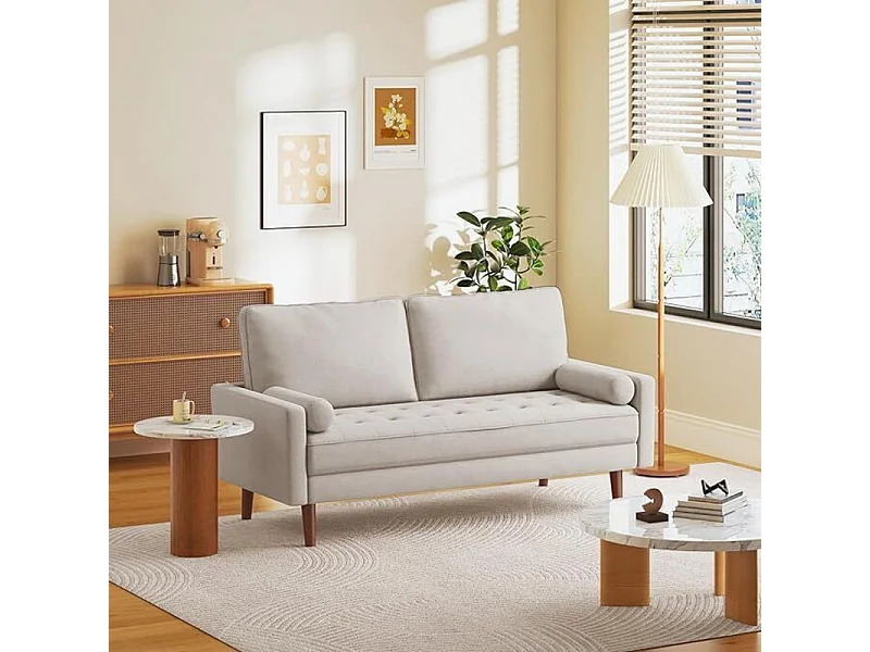 Canapé 3 places en tissu Lin beige - Scandinave - avec 2 Oreillers et Accoudoirs - Pieds bois massif - 173x77x84cm