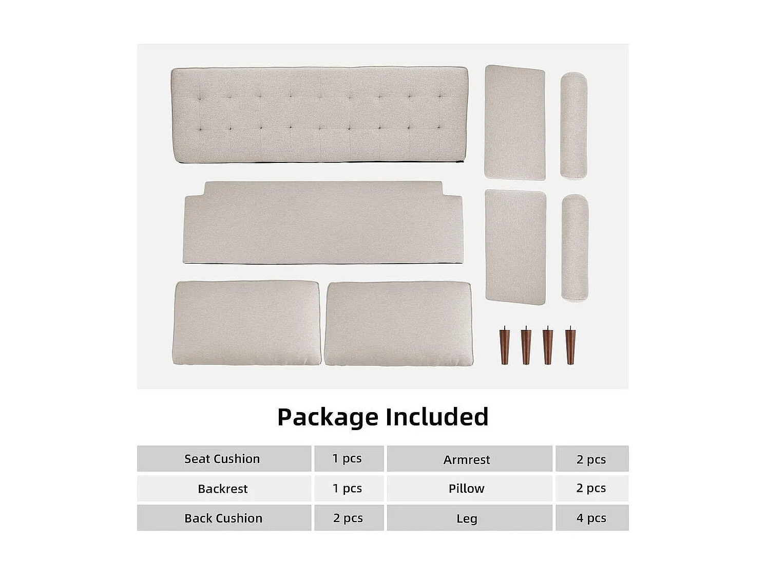 3-zitsbank in beige linnen stof - Scandinavisch - met 2 kussens en armleuningen - massieve houten voeten - 173x77x84cm
