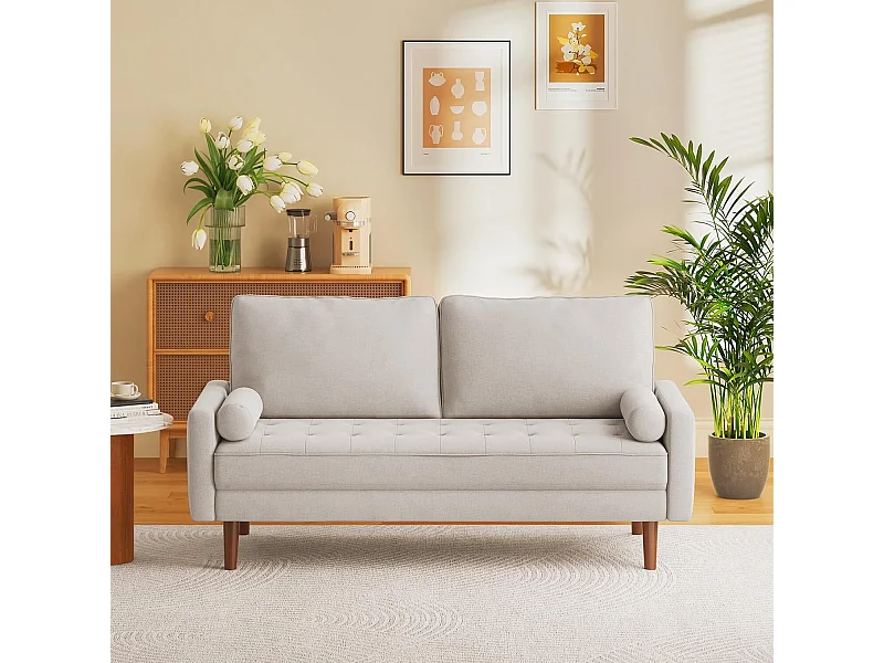 Canapé 3 places en tissu Lin beige - Scandinave - avec 2 Oreillers et Accoudoirs - Pieds bois massif - 173x77x84cm