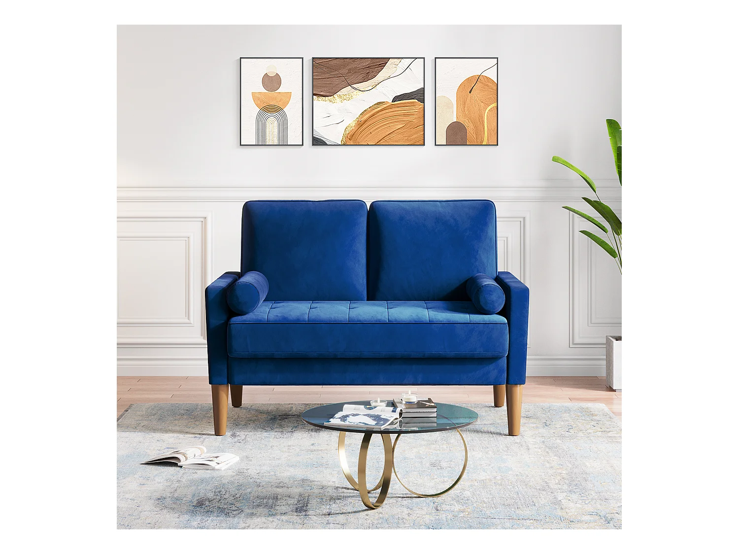 Canapé à 2 Places Scandinave,Mini Canapé à Bras Roulés en Velours Loveseat,Fauteuil Salon avec Accoudoirs,121x77x87cm - Bleu
