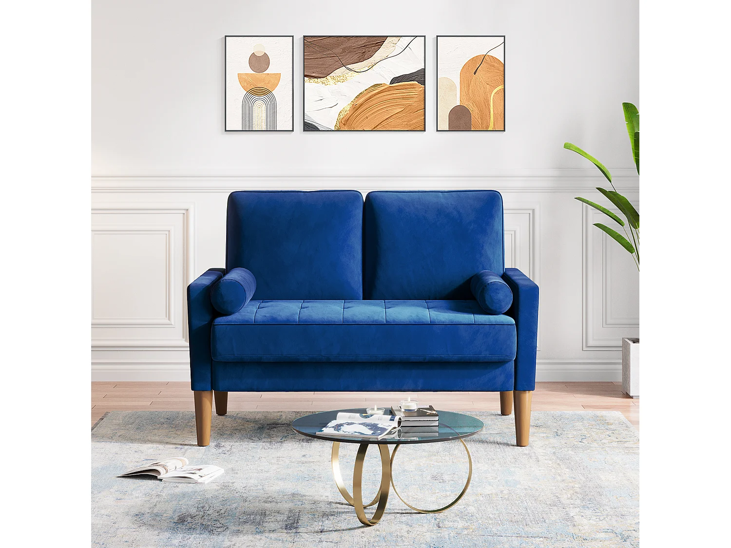 Scandinavische 2-zitsbank, loveseat fluwelen mini-bank met gerolde armleuning, woonkamerfauteuil met armleuningen, 121x77x87cm - blauw
