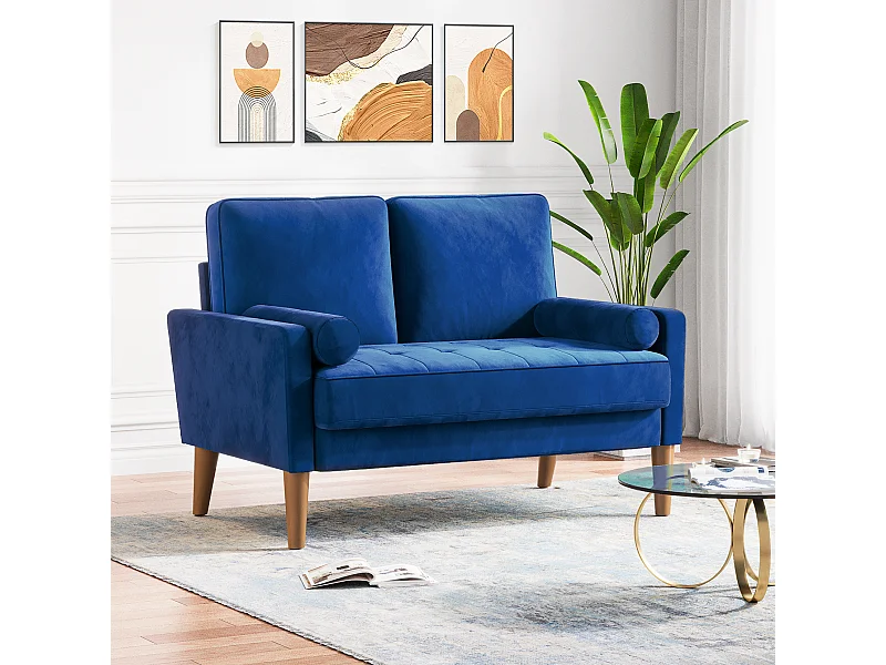Canapé à 2 Places Scandinave,Mini Canapé à Bras Roulés en Velours Loveseat,Fauteuil Salon avec Accoudoirs,121x77x87cm - Bleu