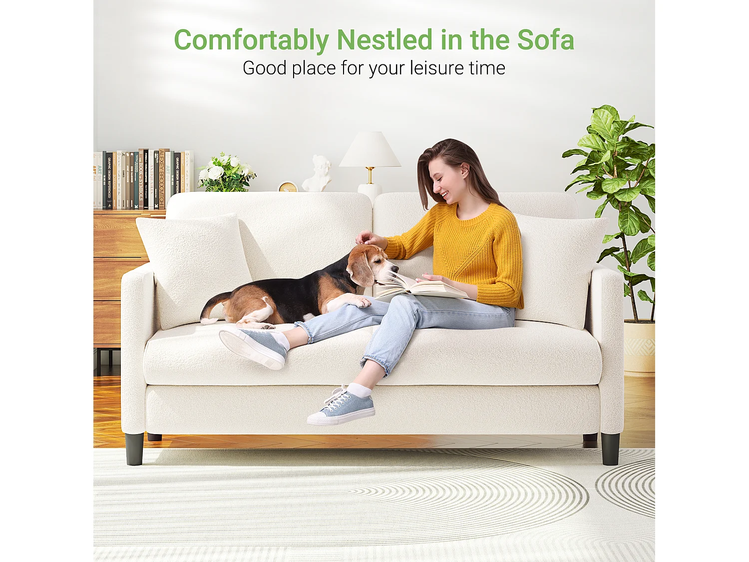 Divano 2/3 posti in Teddy Velvet, divano comfort dritto in legno massiccio, loveat con i braccioli, 165x78x89cm, beige