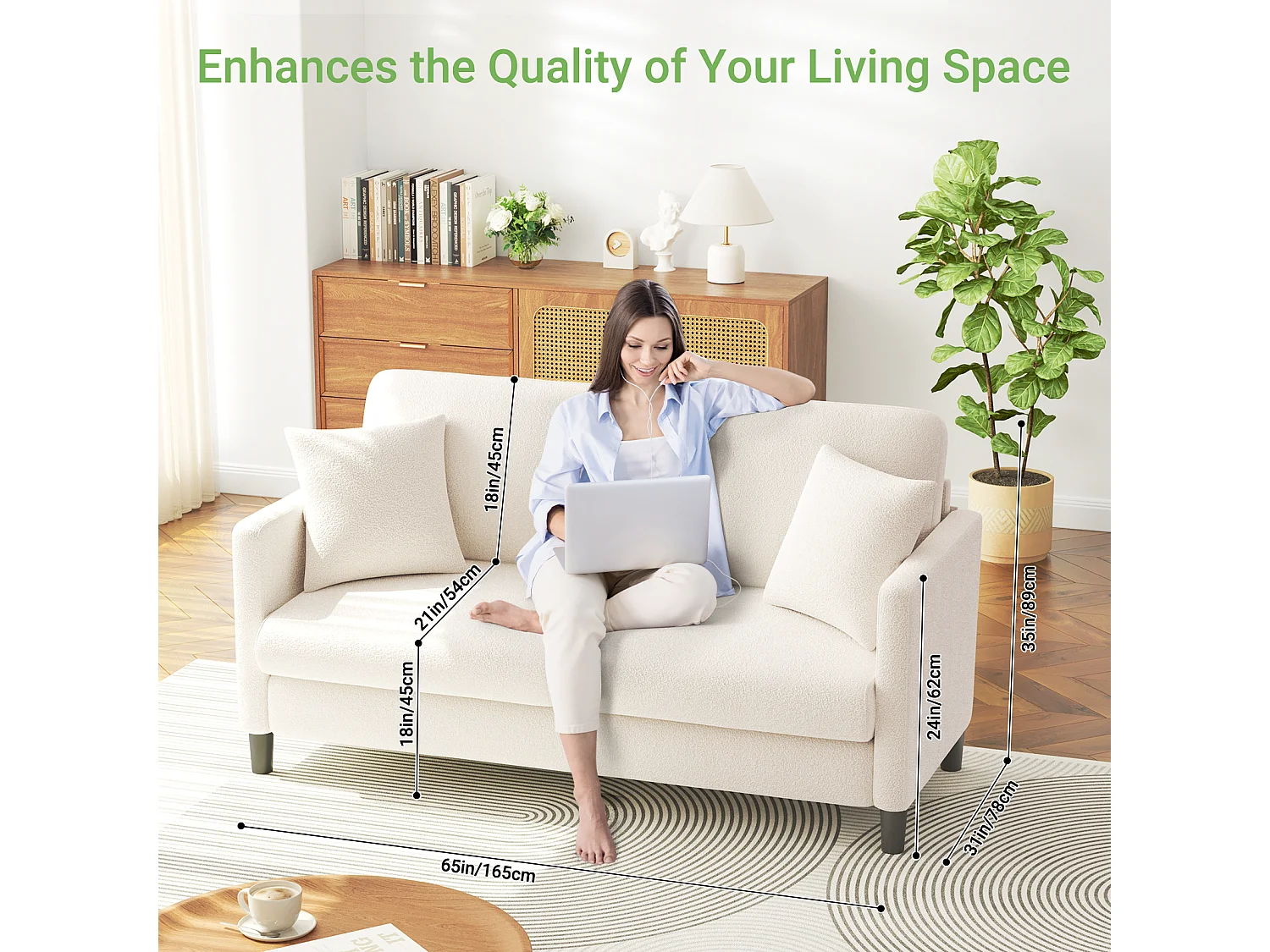 Divano 2/3 posti in Teddy Velvet, divano comfort dritto in legno massiccio, loveat con i braccioli, 165x78x89cm, beige