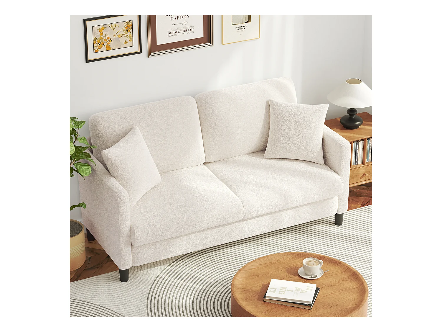 2/3 Sitze in Teddy Velvet, rechter Komfortsofa in Massivholz, Liebesseat mit Armlehnen, 165x78x89cm, Beige