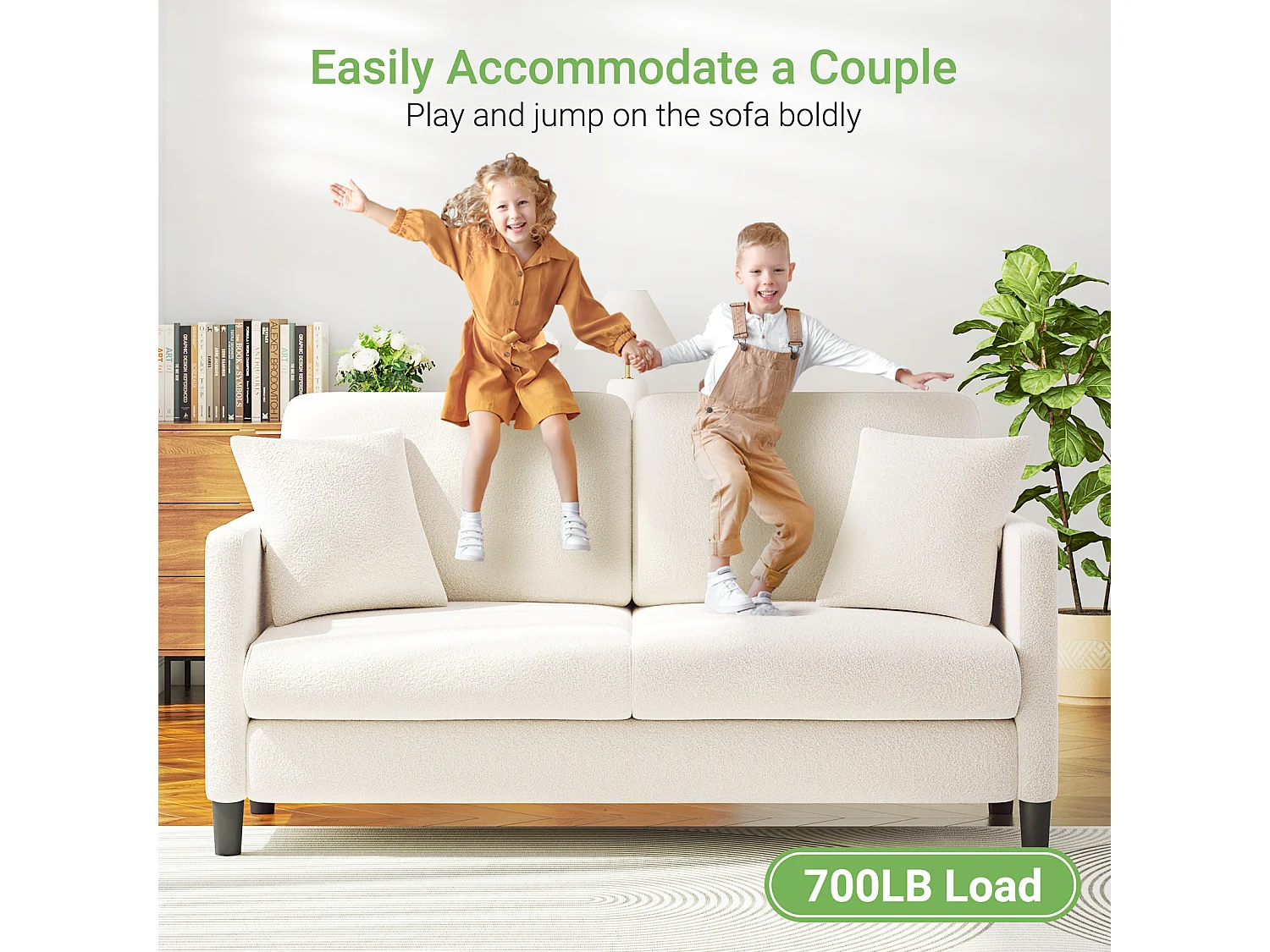 Canapé 2/3 Places en Velours Teddy,Canapé Droit Confort en Bois Massif,Loveseat avec Accoudoirs,165x78x89cm,Beige