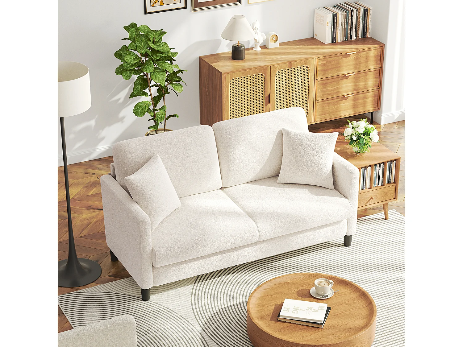 Canapé 2/3 Places en Velours Teddy,Canapé Droit Confort en Bois Massif,Loveseat avec Accoudoirs,165x78x89cm,Beige