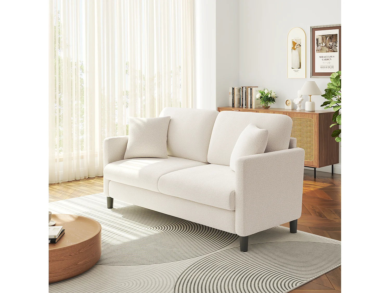 Canapé 2/3 Places en Velours Teddy,Canapé Droit Confort en Bois Massif,Loveseat avec Accoudoirs,165x78x89cm,Beige