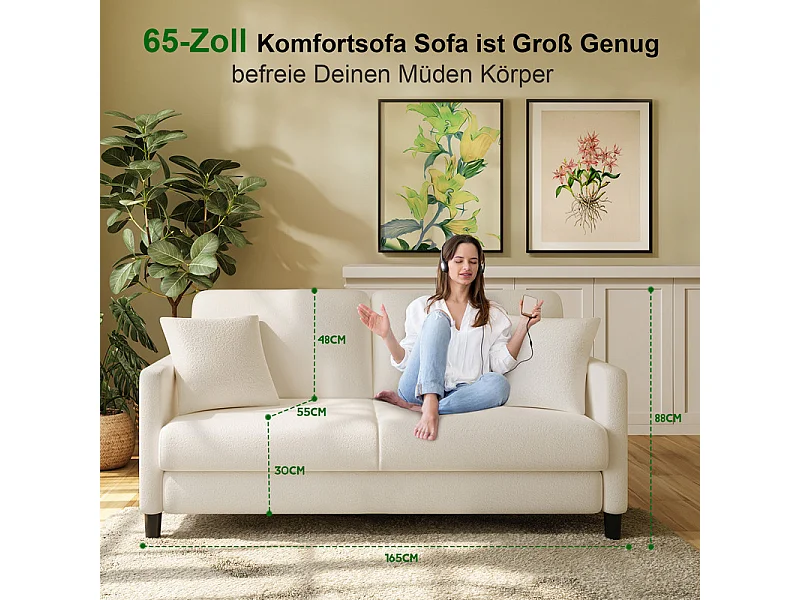 2/3 asientos en terciopelo de Teddy, sofá de comodidad correcta en madera maciza, loveseat con reposabrazos, 165x78x89cm, beige