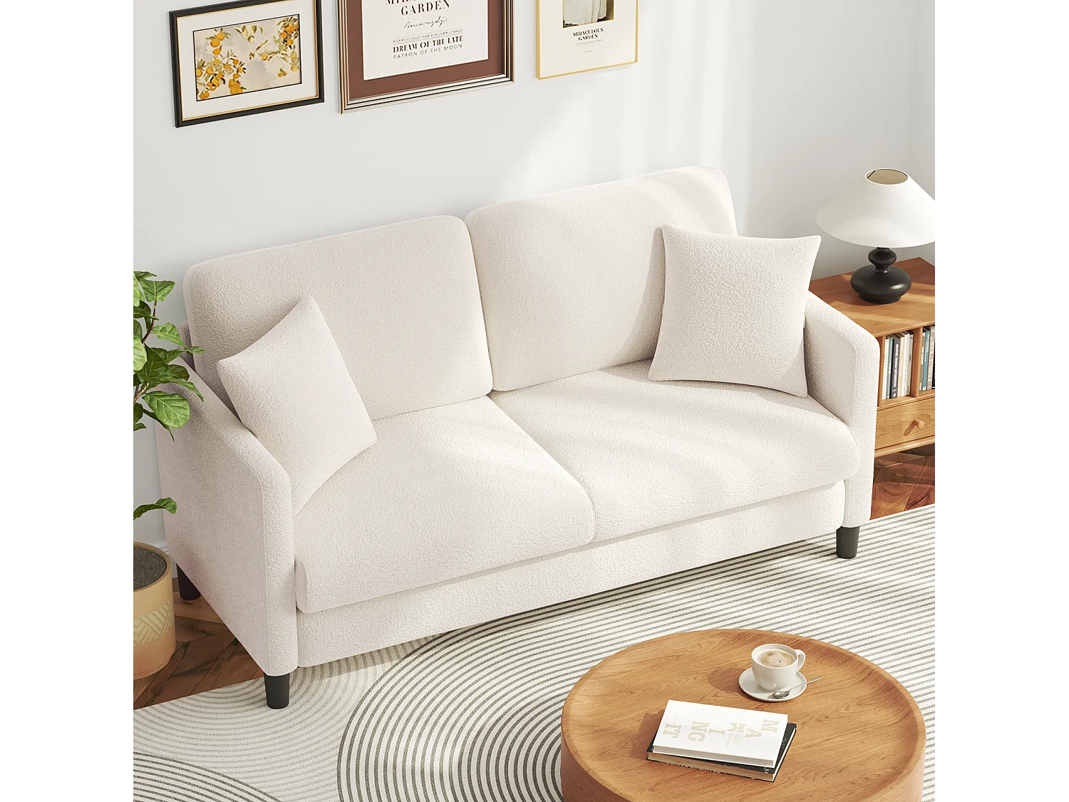 Canapé 2/3 Places en Velours Teddy,Canapé Droit Confort en Bois Massif,Loveseat avec Accoudoirs,165x78x89cm,Beige