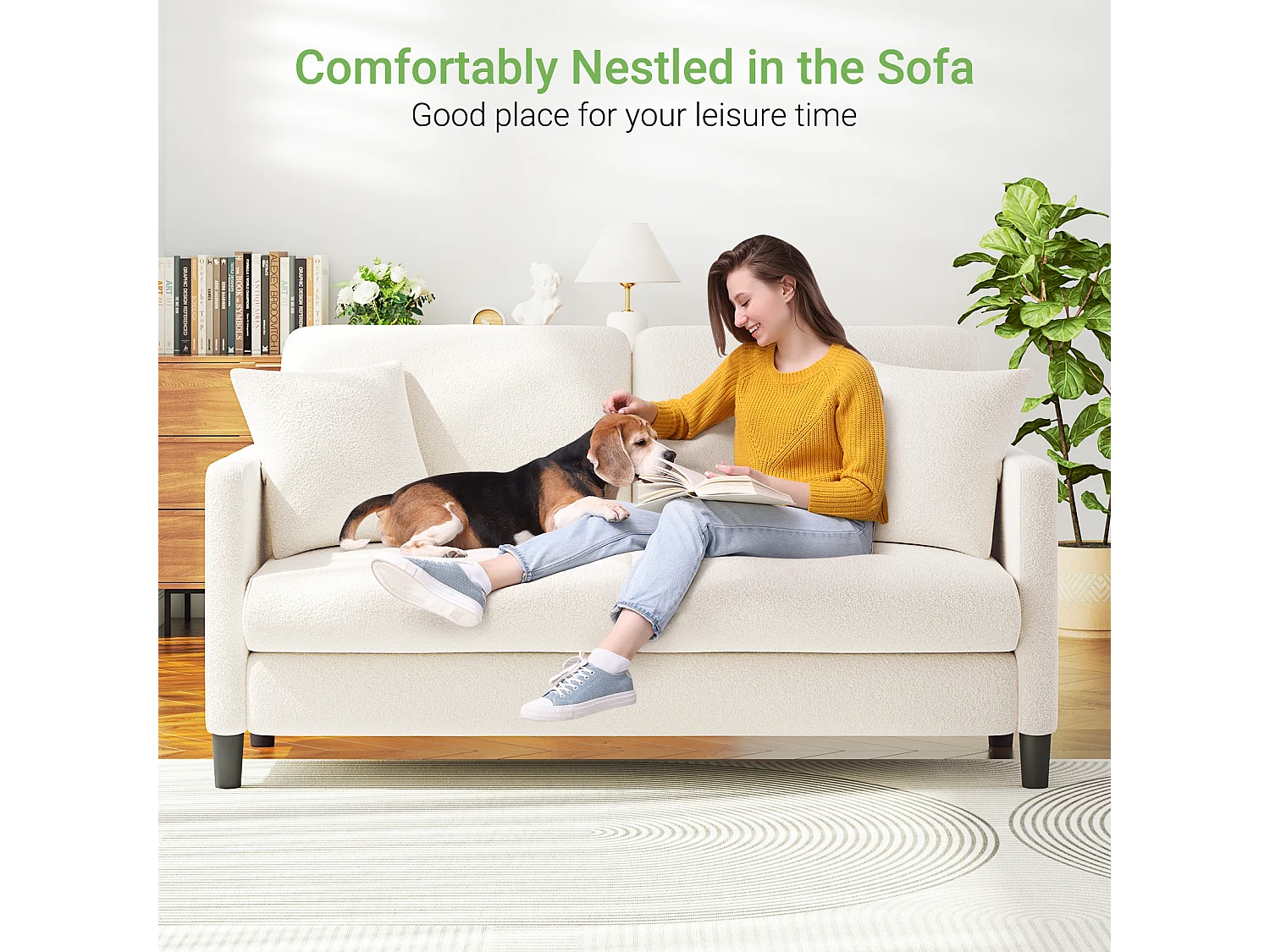 Canapé 2/3 Places en Velours Teddy,Canapé Droit Confort en Bois Massif,Loveseat avec Accoudoirs,165x78x89cm,Beige