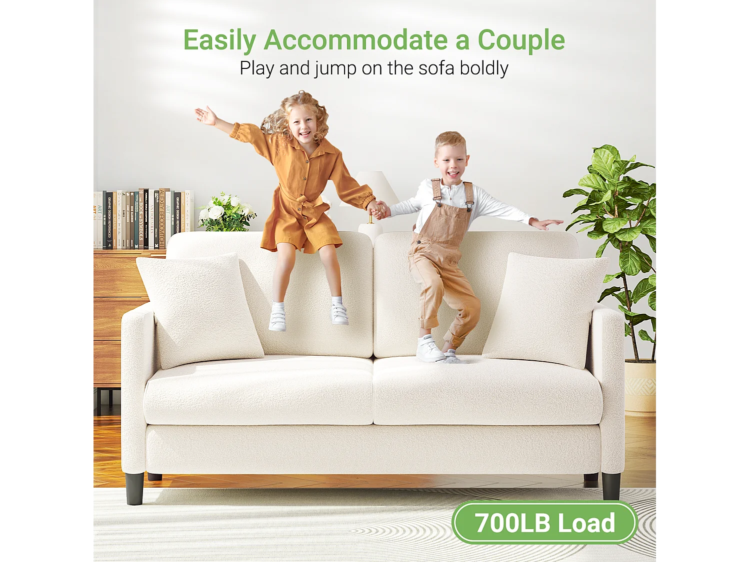 Canapé 2/3 Places en Velours Teddy,Canapé Droit Confort en Bois Massif,Loveseat avec Accoudoirs,165x78x89cm,Beige