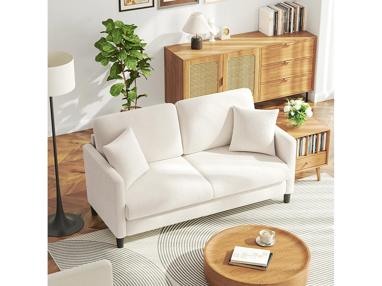 Canapé 2/3 Places en Velours Teddy,Canapé Droit Confort en Bois Massif,Loveseat avec Accoudoirs,165x78x89cm,Beige