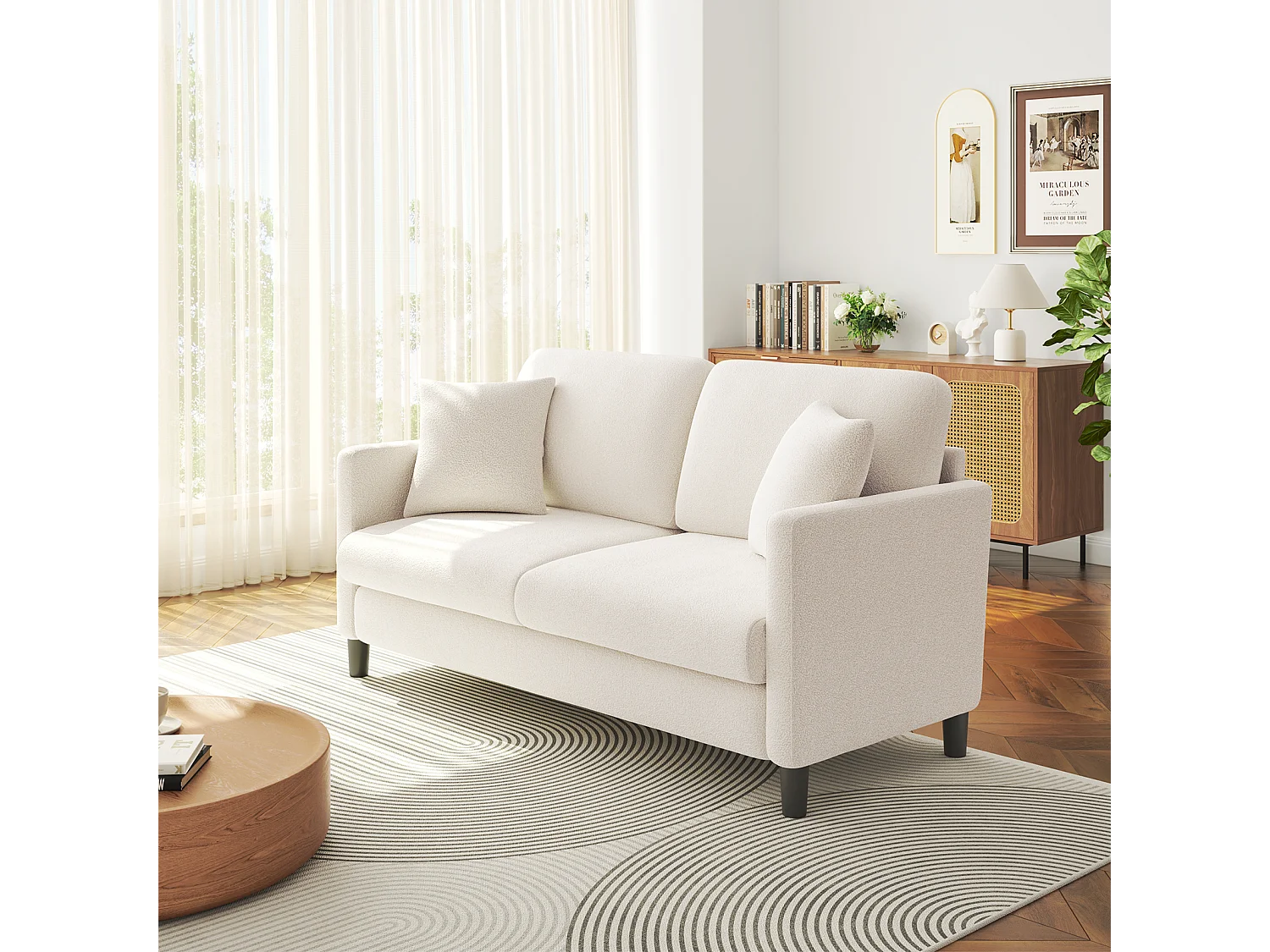 Canapé 2/3 Places en Velours Teddy,Canapé Droit Confort en Bois Massif,Loveseat avec Accoudoirs,165x78x89cm,Beige