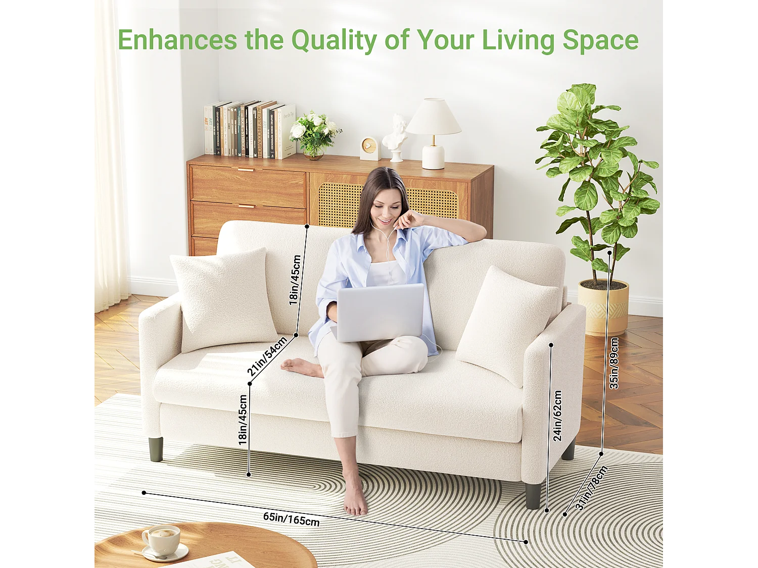 Canapé 2/3 Places en Velours Teddy,Canapé Droit Confort en Bois Massif,Loveseat avec Accoudoirs,165x78x89cm,Beige