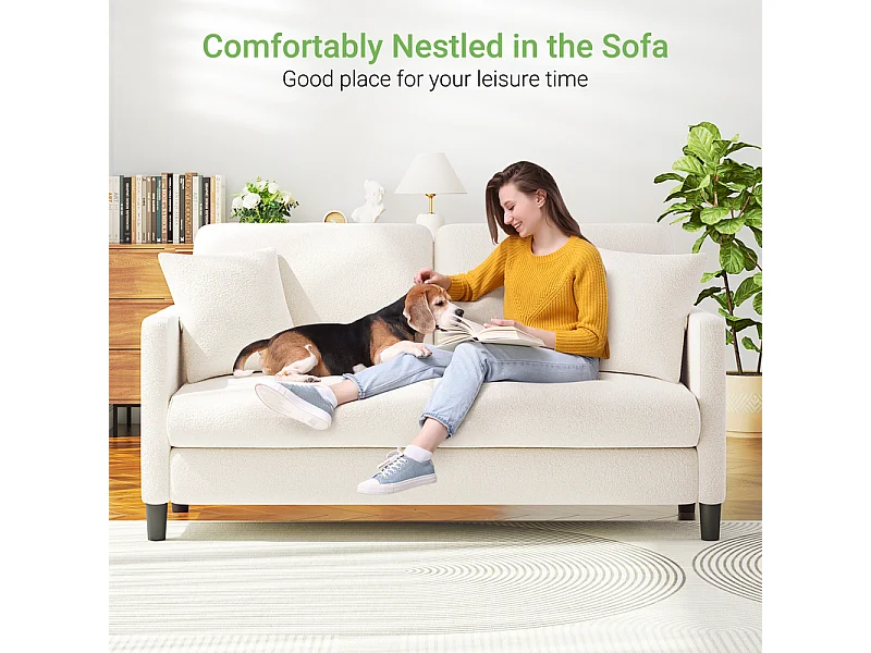 2/3 asientos en terciopelo de Teddy, sofá de comodidad correcta en madera maciza, loveseat con reposabrazos, 165x78x89cm, beige
