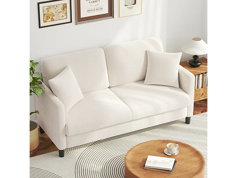 Canapé 2/3 Places en Velours Teddy,Canapé Droit Confort en Bois Massif,Loveseat avec Accoudoirs,165x78x89cm,Beige