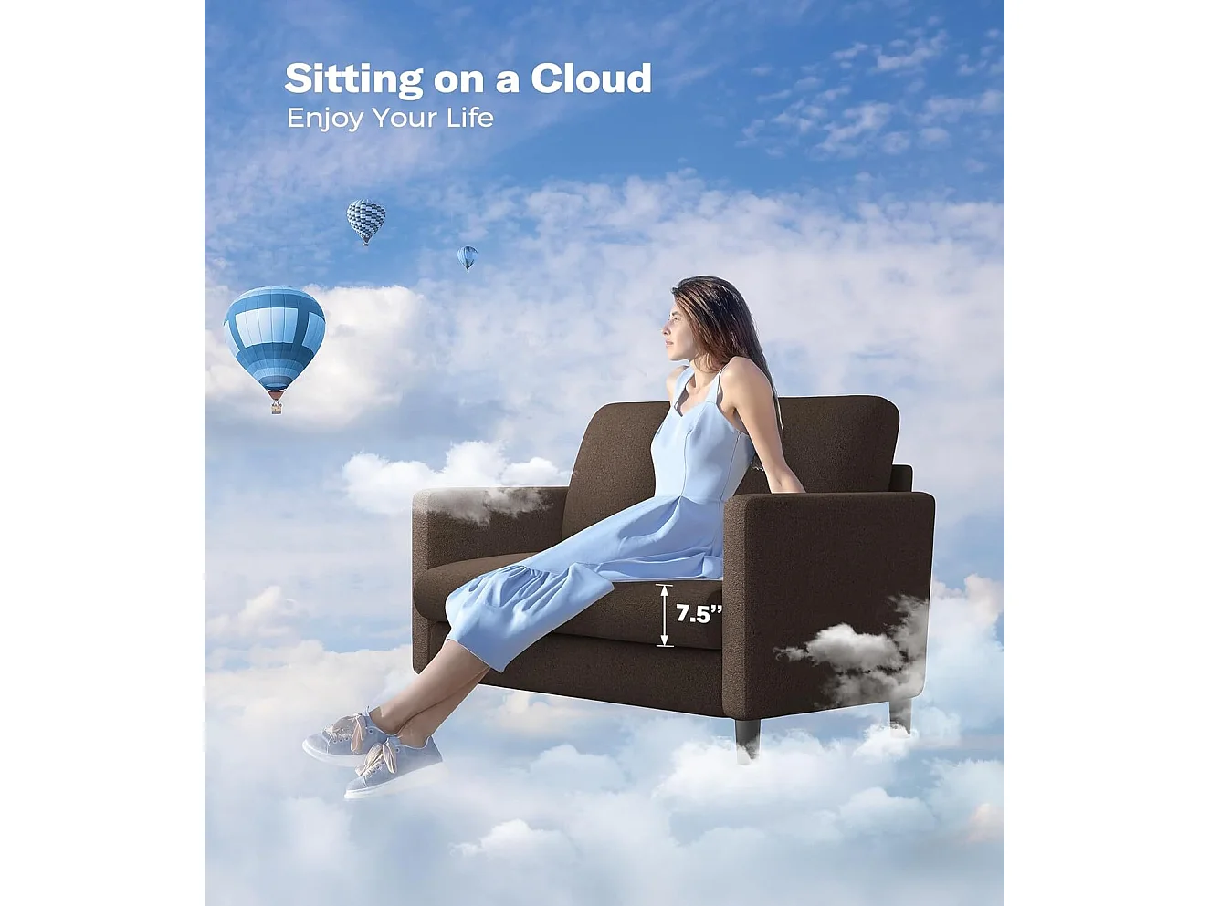 Canapé 2 places confort en Velours Teddy marron, avec assise profonde de 55cm et accoudoirs - 128x78x89cm