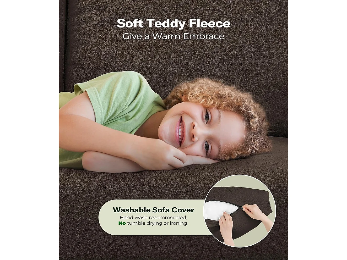 Canapé 2 places confort en Velours Teddy marron, avec assise profonde de 55cm et accoudoirs - 128x78x89cm