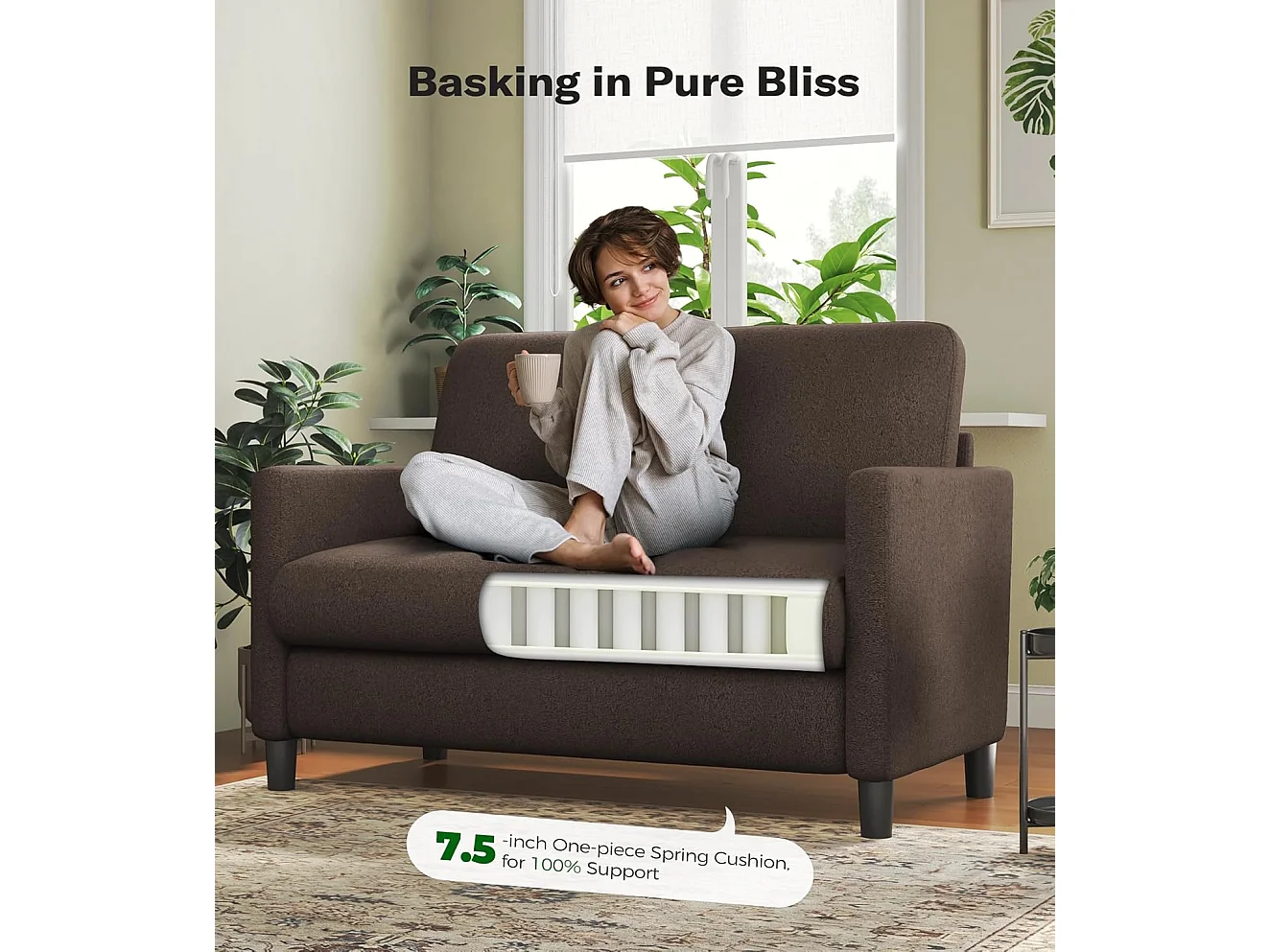 Canapé 2 places confort en Velours Teddy marron, avec assise profonde de 55cm et accoudoirs - 128x78x89cm