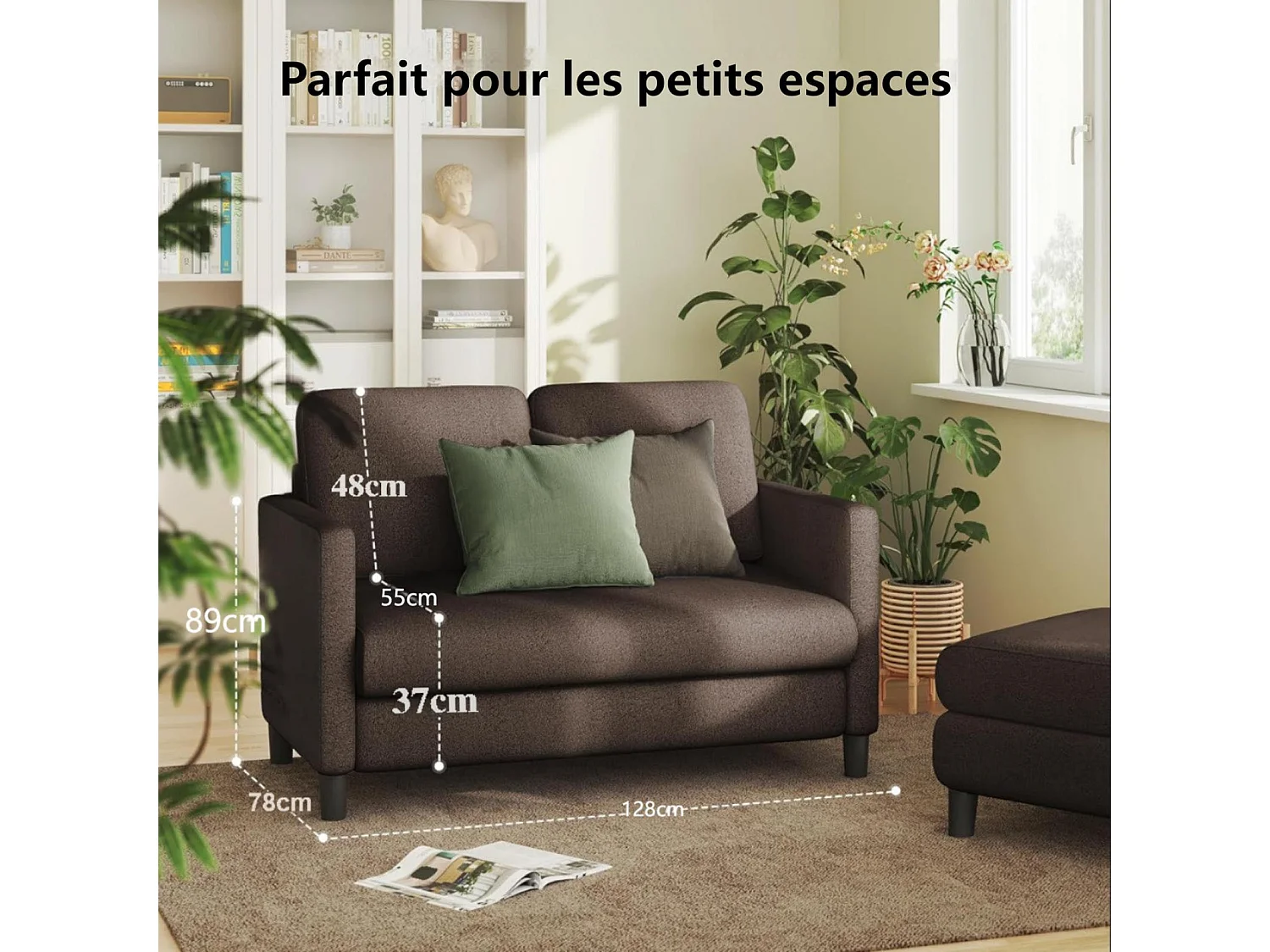 Canapé 2 places confort en Velours Teddy marron, avec assise profonde de 55cm et accoudoirs - 128x78x89cm