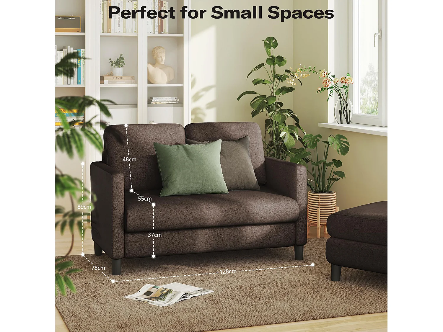 Canapé 2 places confort en Velours Teddy marron, avec assise profonde de 55cm et accoudoirs - 128x78x89cm