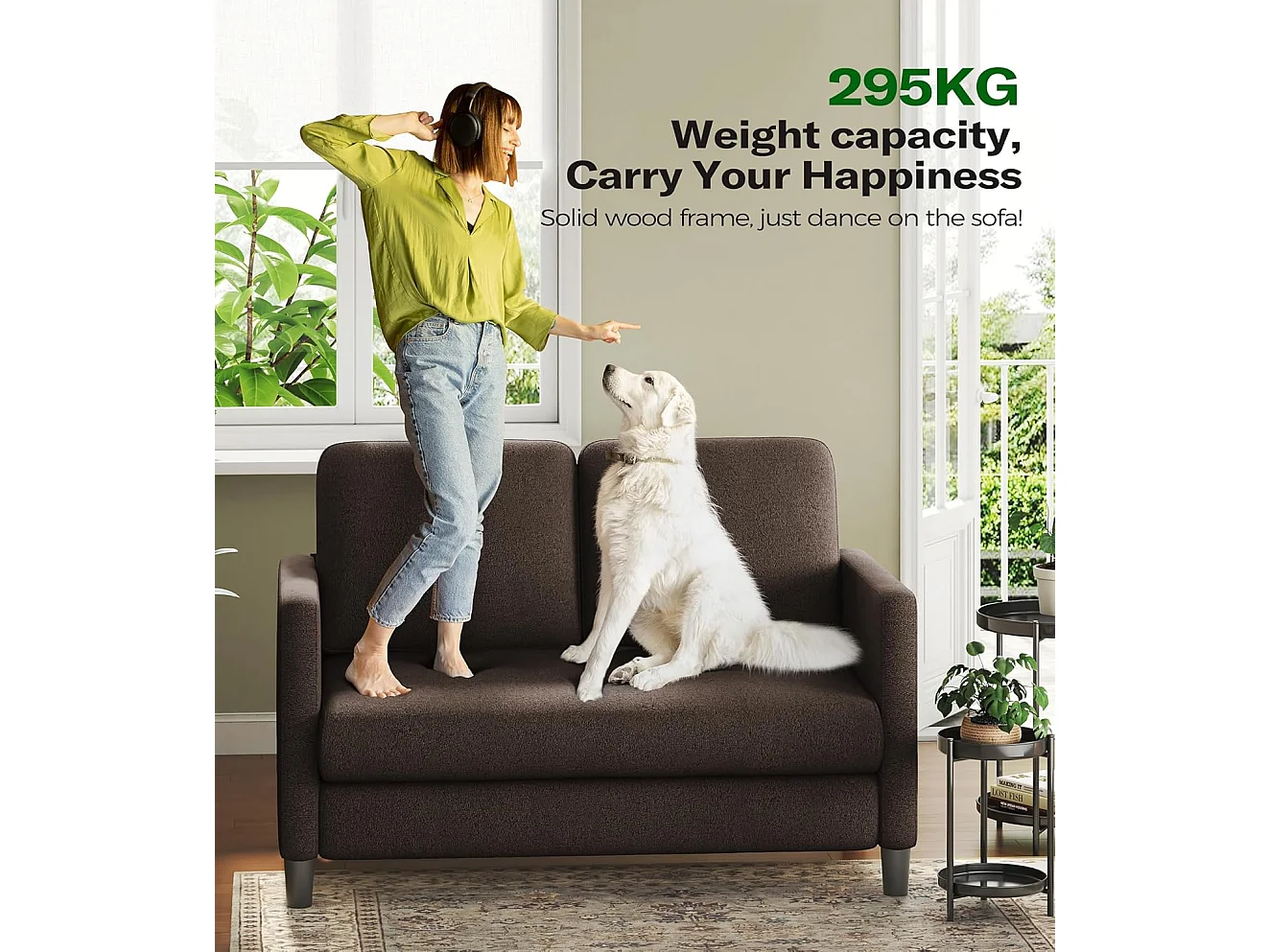 Canapé 2 places confort en Velours Teddy marron, avec assise profonde de 55cm et accoudoirs - 128x78x89cm