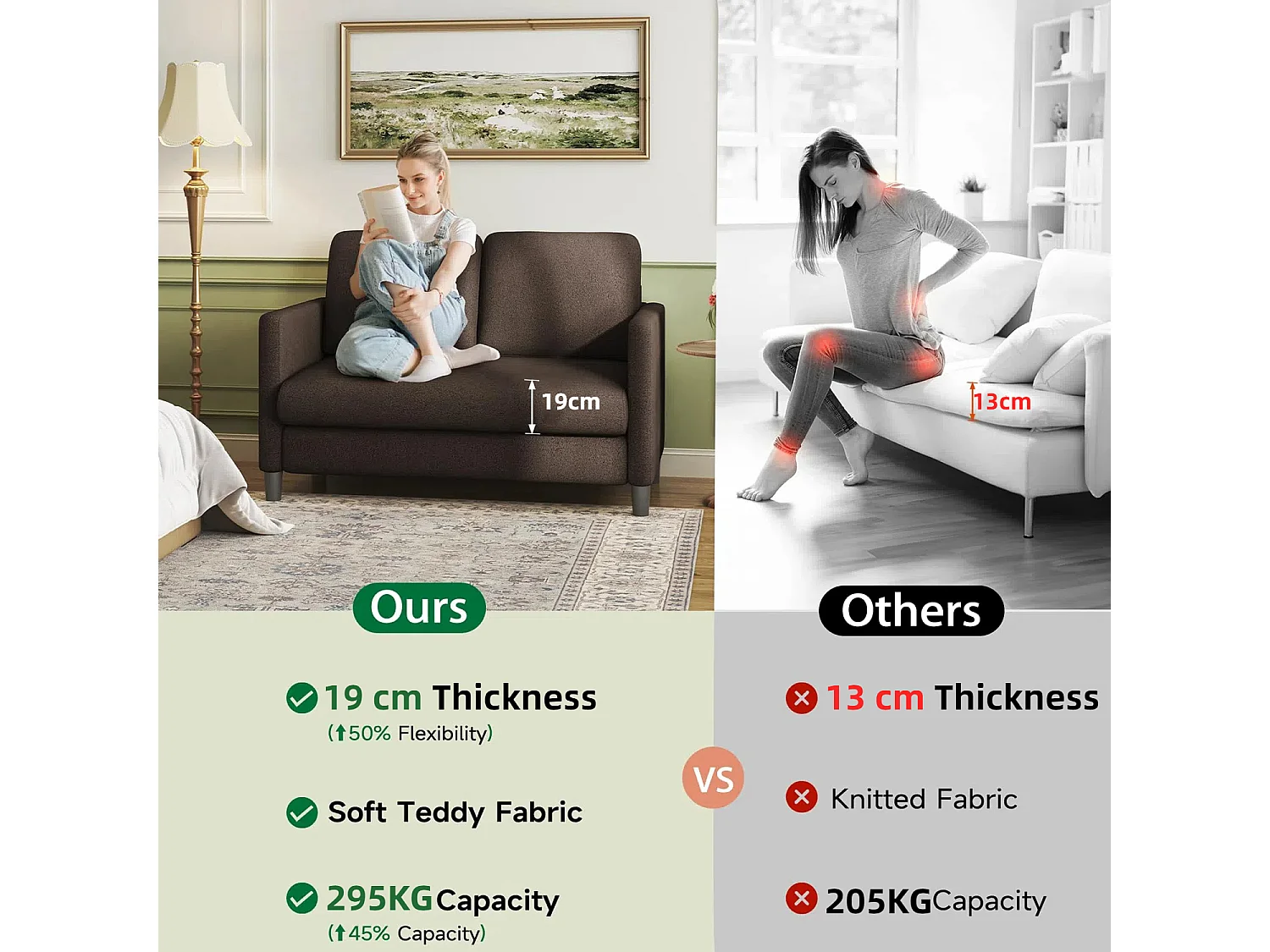 Canapé 2 places confort en Velours Teddy marron, avec assise profonde de 55cm et accoudoirs - 128x78x89cm