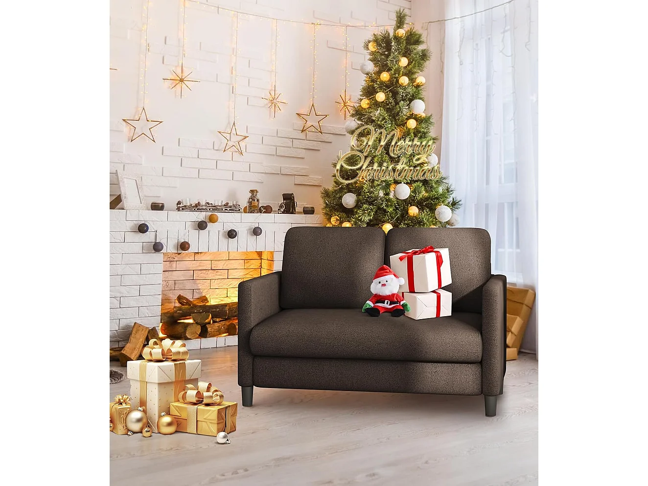 2 -Seater Comfort Sofa in teddy fluweel bruin, met diepe stoel van 55 cm en armleuningen - 128x78x89cm