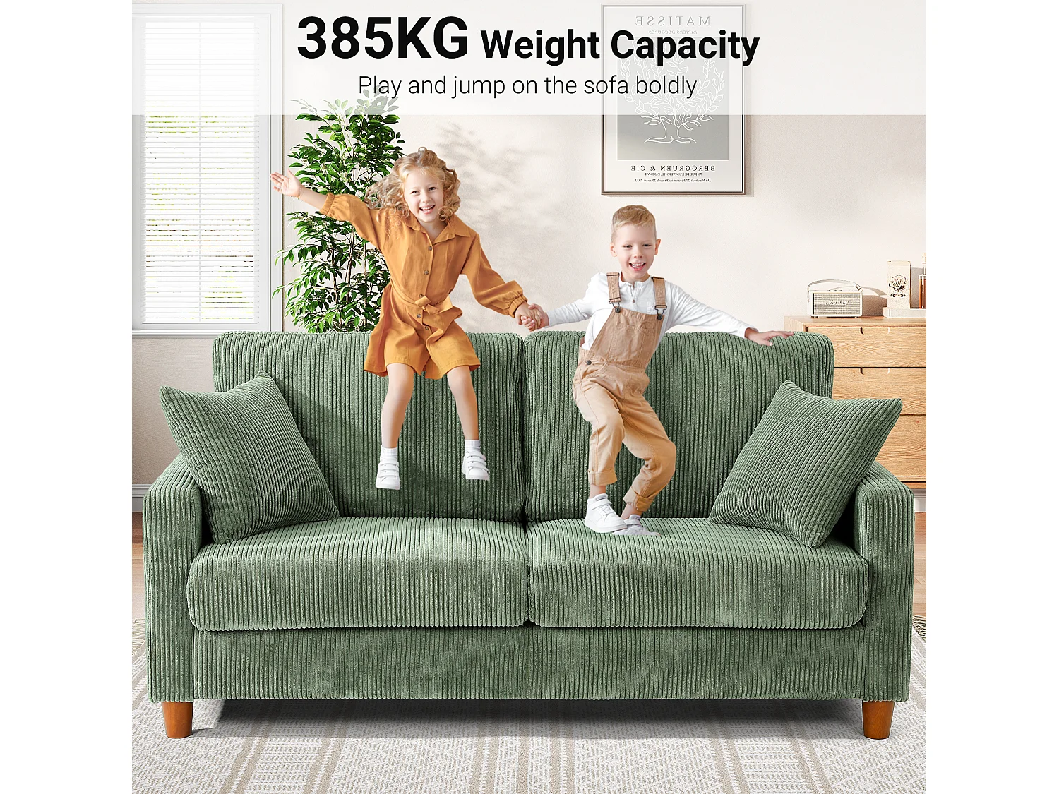 - Divano in velluto a coste a costine da 2, grande divano destro imbottito moderno con sedili extra profondi da 56 cm - 2 cuscini - 178x76x89cm - verde