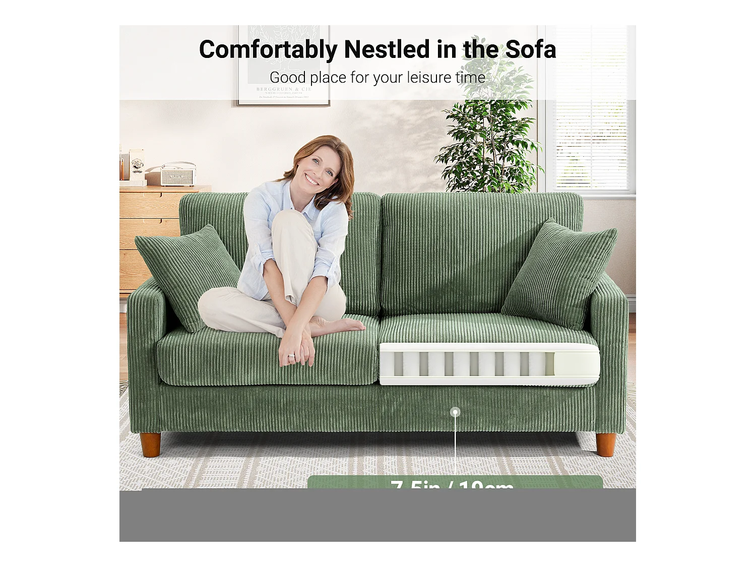 Sofá de veludo cotelê de 2 lugares, Sofá estofado moderno reto grande com assentos extra profundos 56cm - 2 almofadas - 178x76x89cm - Verde