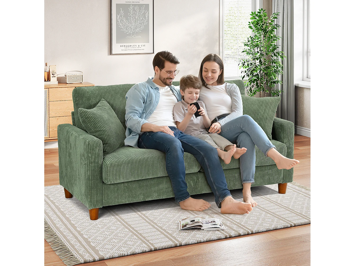 Sofá de veludo cotelê de 2 lugares, Sofá estofado moderno reto grande com assentos extra profundos 56cm - 2 almofadas - 178x76x89cm - Verde