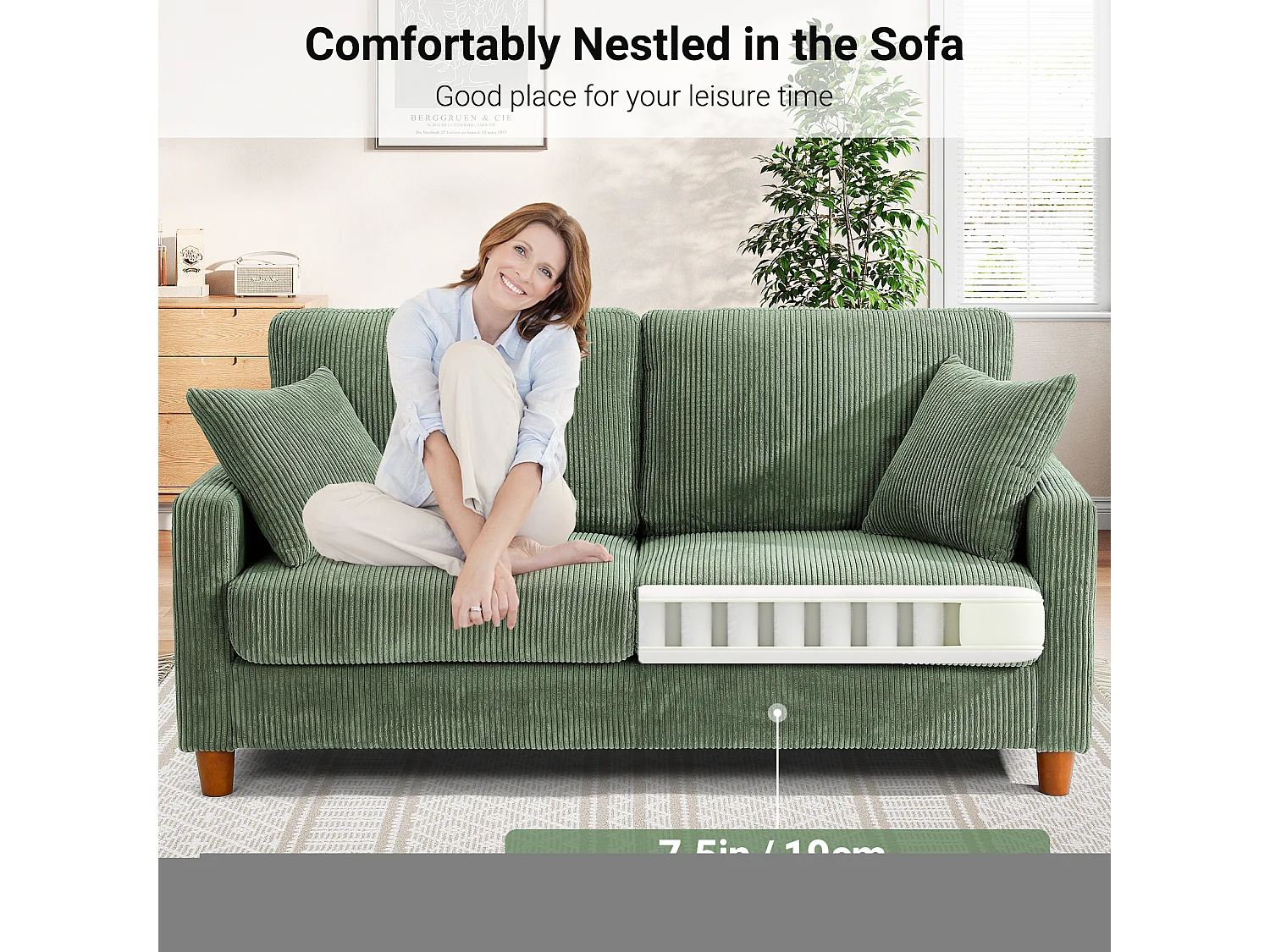 Canapé en Velours Côtelé 2 Places,Grand Canapé Droit Rembourré Moderne avec Sièges extra profonds de 56cm - 2 Coussins - 178x76x89cm - Vert