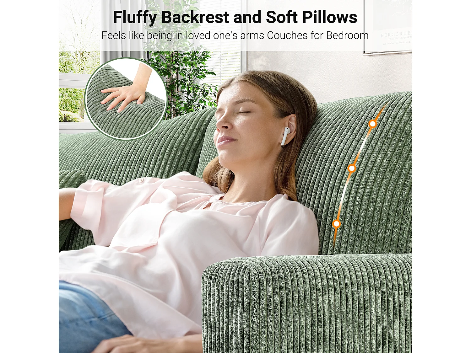 Canapé en Velours Côtelé 2 Places,Grand Canapé Droit Rembourré Moderne avec Sièges extra profonds de 56cm - 2 Coussins - 178x76x89cm - Vert