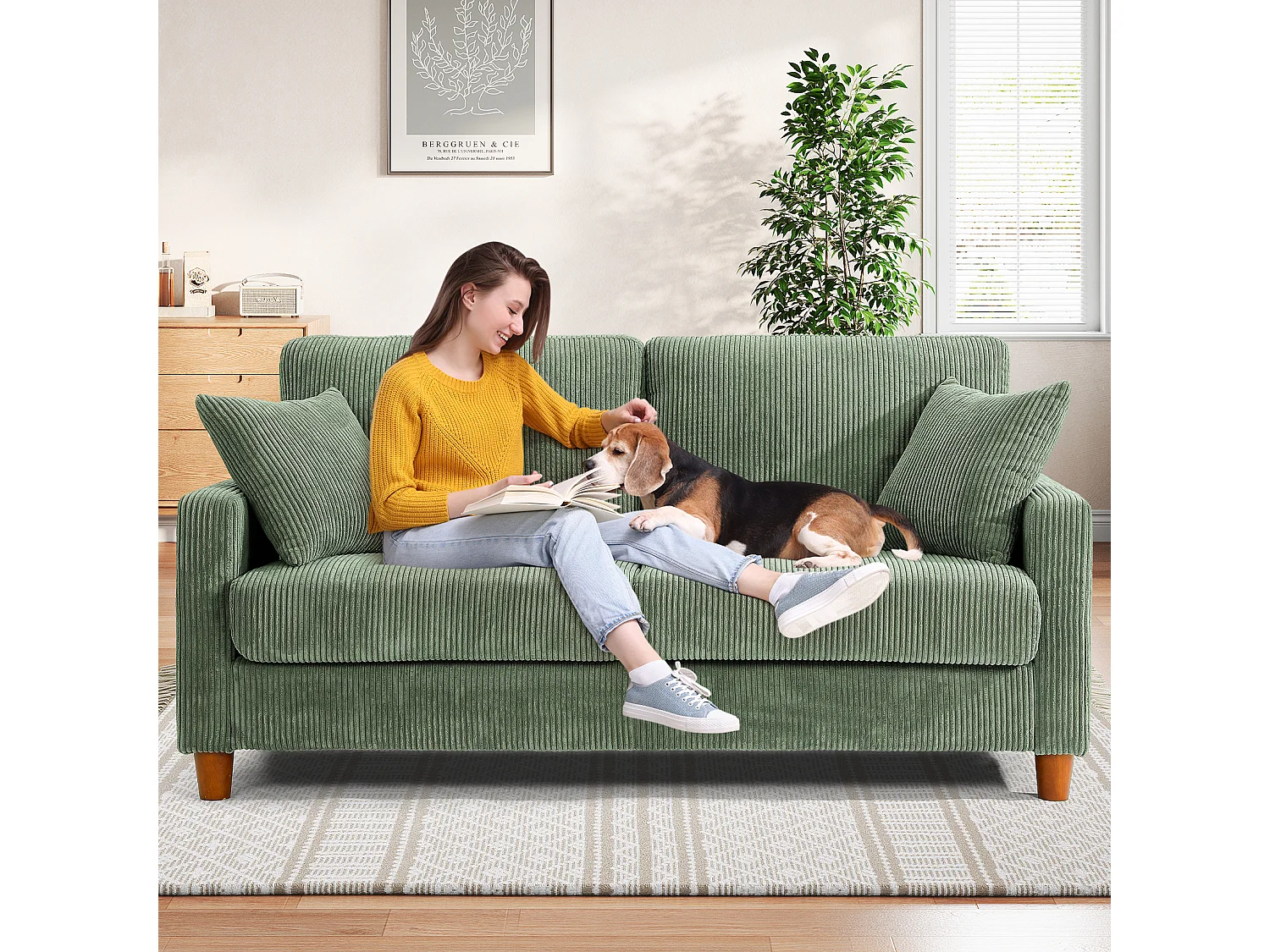 Canapé en Velours Côtelé 2 Places,Grand Canapé Droit Rembourré Moderne avec Sièges extra profonds de 56cm - 2 Coussins - 178x76x89cm - Vert